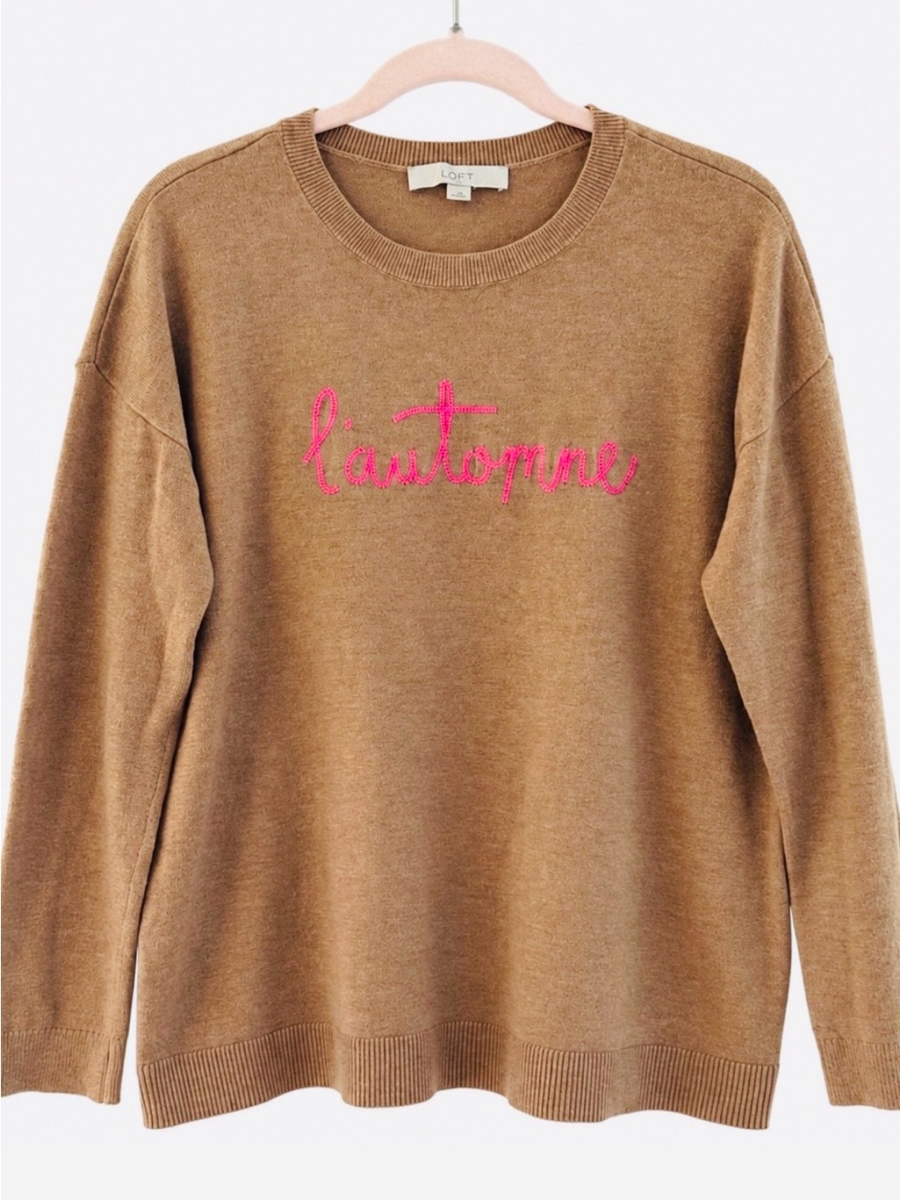 LOFT L’Automne Autumn Fall Sweater M Tan Pink Embroidered - Picture 2 of 9